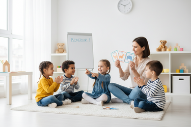 Teacher and children in a classroom setting with educational materials.